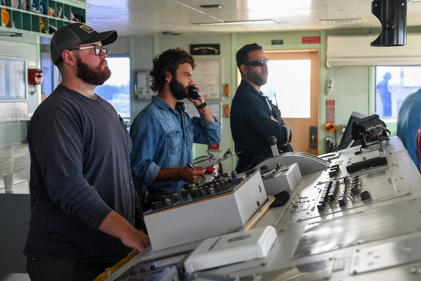 Military Sealift Command Civil Service Mariners oversee communications aboard the hospital ship USNS Mercy (T-AH 19) while departing Joint Base Pearl Harbor-Hickam, Hawaii, as part of Pacific Partnership 2024-1, Feb. 5, 2024. Pacific Partnership, now in its 19th iteration, is the largest multinational humanitarian assistance and disaster relief preparedness mission conducted in the Indo-Pacific and works to enhance regional interoperability and disaster response capabilities, increase security stability in the region, and foster new and enduring friendships