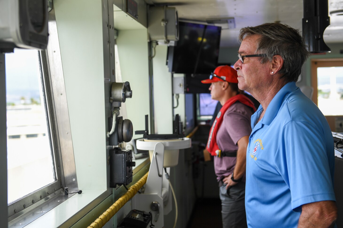 Military Sealift Command Civil Service Mariner Capt. Peter Nolan oversees the departure of the hospital ship USNS Mercy (T-AH 19) while departing Joint Base Pearl Harbor-Hickam, Hawaii, as part of Pacific Partnership 2024-1, Feb. 4, 2024. Pacific Partnership, now in its 19th iteration, is the largest multinational humanitarian assistance and disaster relief preparedness mission conducted in the Indo-Pacific and works to enhance regional interoperability and disaster response capabilities, increase security stability in the region, and foster new and enduring friendships