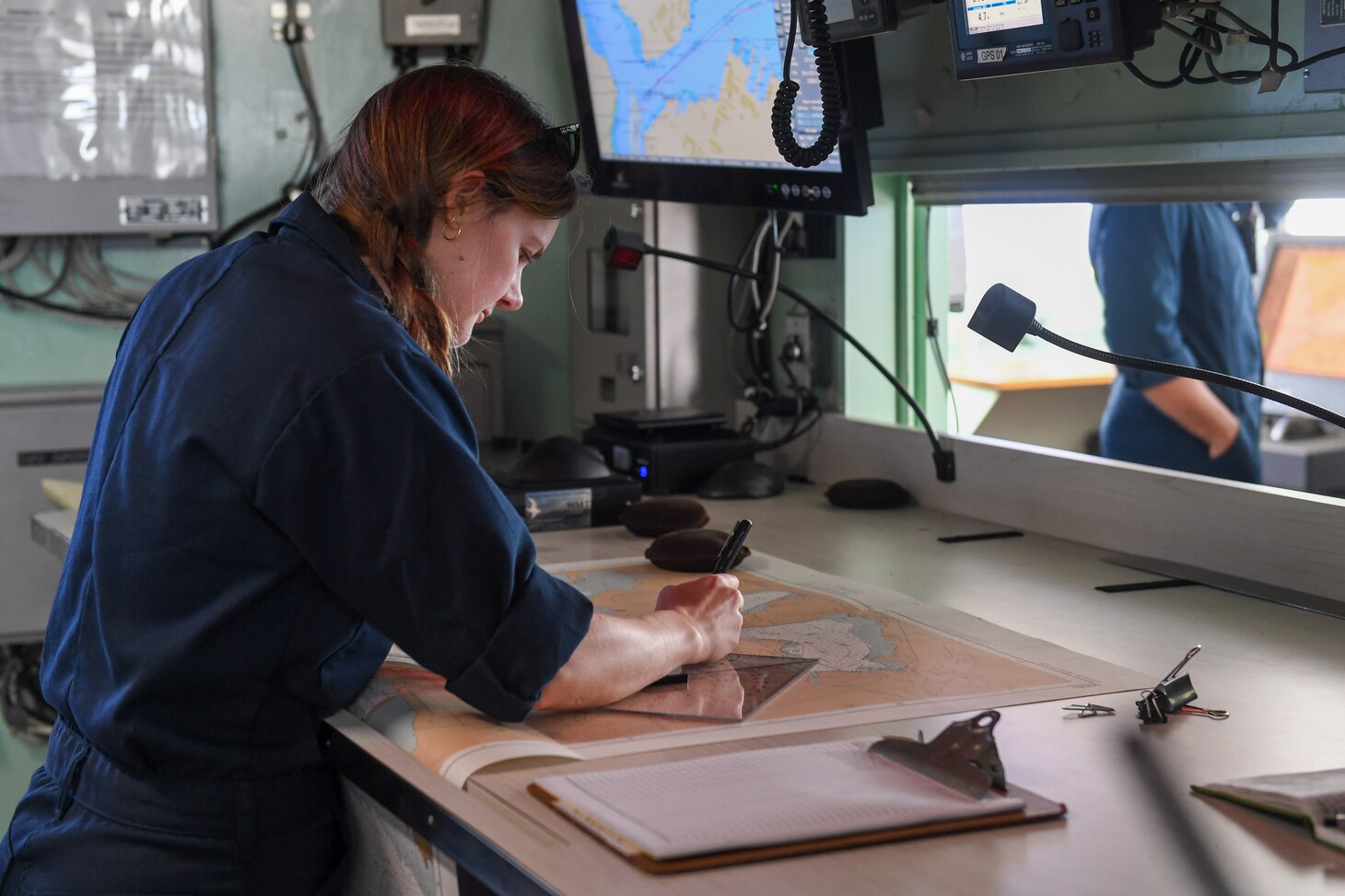 Military Sealift Command Civil Service Mariner Alexandra Jewell, the navigator for the hospital ship USNS Mercy (T-AH 19), plots the Mercy’s course while departing Joint Base Pearl Harbor-Hickam, Hawaii, as part of Pacific Partnership 2024-1, Feb. 5, 2024. Pacific Partnership, now in its 19th iteration, is the largest multinational humanitarian assistance and disaster relief preparedness mission conducted in the Indo-Pacific and works to enhance regional interoperability and disaster response capabilities, increase security stability in the region, and foster new and enduring friendships.