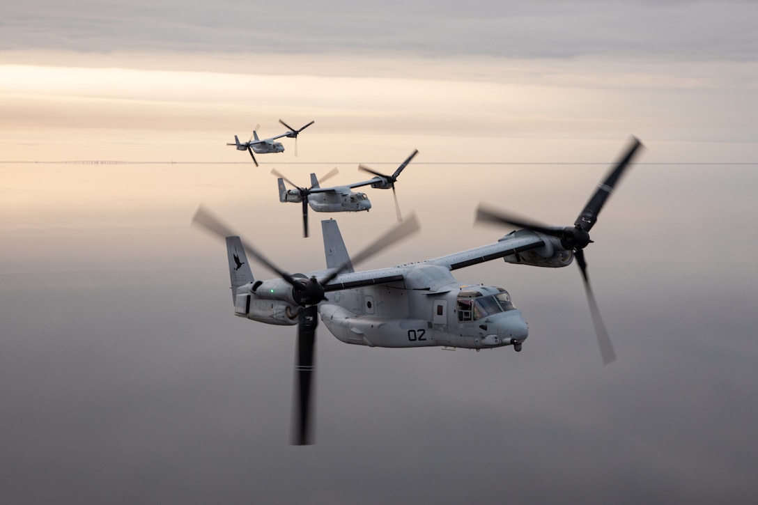 U.S. Marine Corps MV-22 Ospreys, tiltrotor aircraft, with Marine Medium Tiltrotor Squadron (VMM) 774, Marine Aircraft Group 49, 4th Marine Aircraft Wing and VMM-764, Marine Aircraft Group 41, 4th Marine Aircraft Wing, perform a formation flight over New Orleans, Feb. 4, 2025. MV-22 Osprey pilots and flight crew with VMM-744, Marine Aircraft Group 49, 4th Marine Aircraft Wing and VMM-764, Marine Aircraft Group 41, 4th Marine Aircraft Wing conducted a flight rehearsal in preparation for the flyover during Super Bowl LIX. (U.S. Marine Corps photo by Lance Cpl. Van Hoang)