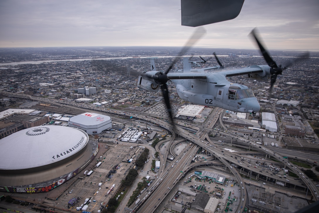 U.S. Marine Corps MV-22 Ospreys, tiltrotor aircraft, with Marine Medium Tiltrotor Squadron (VMM) 774, Marine Aircraft Group 49, 4th Marine Aircraft Wing and VMM-764, Marine Aircraft Group 41, 4th Marine Aircraft Wing, perform a formation flight over New Orleans, Feb. 4, 2025. MV-22 Osprey pilots and flight crew with VMM-744, Marine Aircraft Group 49, 4th Marine Aircraft Wing and VMM-764, Marine Aircraft Group 41, 4th Marine Aircraft Wing conducted a flight rehearsal in preparation for the flyover during Super Bowl LIX. (U.S. Marine Corps photo by Lance Cpl. Van Hoang)
