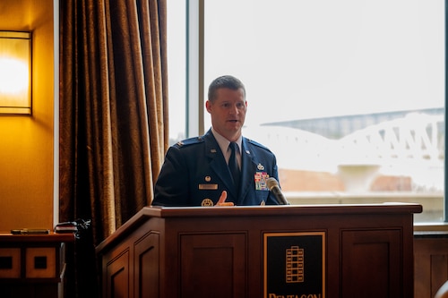 U.S. Air Force Col. Dustin Richards, 88th Air Base Wing and Installation commander, speaks to local government officials on the announcement of the Enhanced Use Lease Agreement Feb. 3, 2025, in Beavercreek, Ohio.