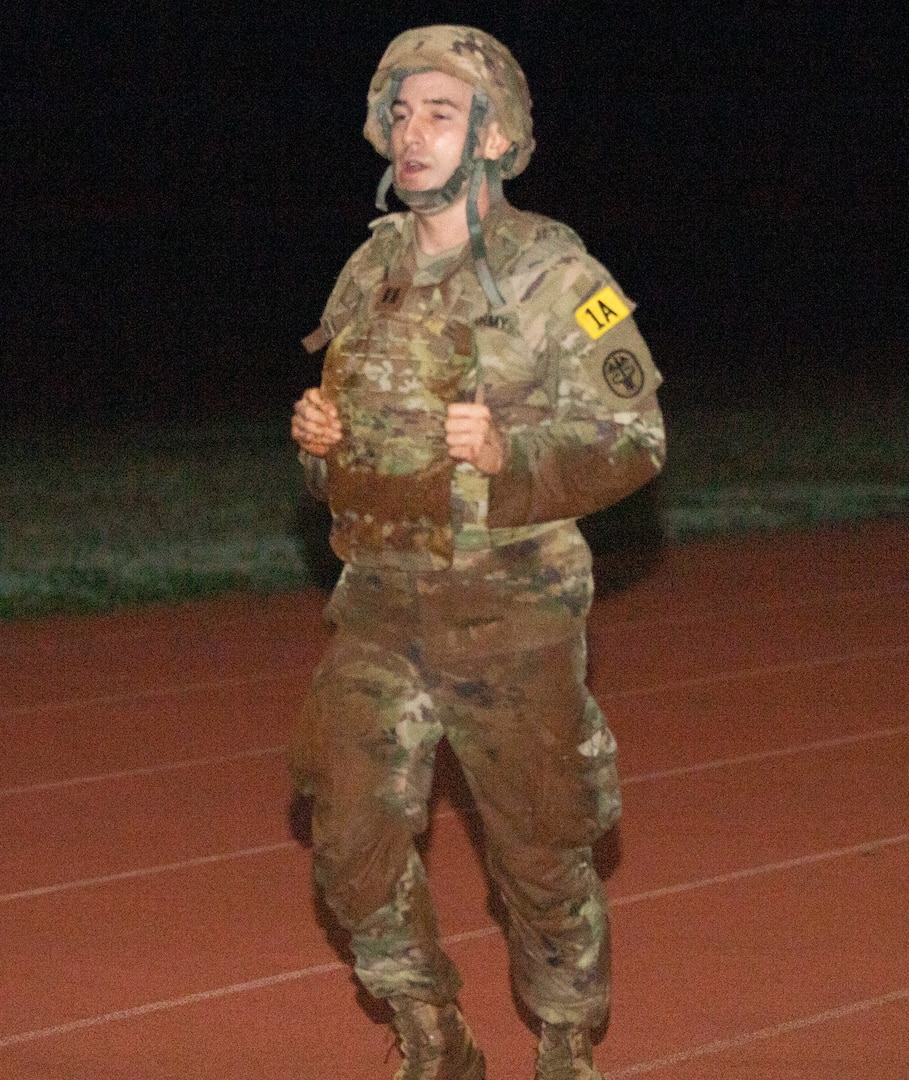 U.S. Army Capt. Pablo Delis, representing Tripler Army Medical Center’s Bravo Company, runs during the physical fitness assessment event of the TAMC Best Leader Competition, held at Schofield Barracks, Hawaii on Jan. 28, 2025. Delis went on to win the competition.