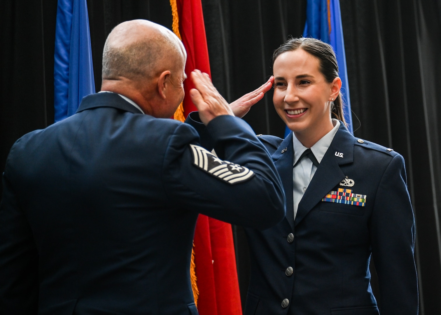 Chief Master Sgt. Jeffrey Horne salutes his daughter, 2nd Lt. Madison Horne, an aircraft maintenance officer with the 155th Maintenance Group, during his retirement ceremony, Feb. 1, 2025 at the Nebraska National Guard’s Joint Force Headquarters, Lincoln, Nebraska.



(U.S. Air National Guard photo by Staff Sgt. Jamie Syniy)