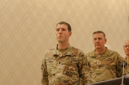 1st Lt. Patrick LeBlanc served as master of ceremonies for the Illinois Army National Guard's 1863rd Financial Management Support Detachment Welcome Home Ceremony, Feb. 2, in Oak Brook, Illinois.