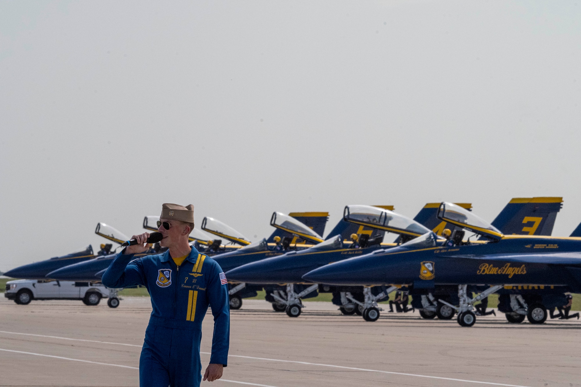 The Blue Angels prepare to perform at the Frontiers in Flight Air Show on Aug. 24, 2024, at McConnell Air Force Base, Kansas. The air show featured aerial performers and static displays from around the world, as well as military recruiters, the Anheuser-Busch Budweiser Clydesdales, exotic cars, food concessions, souvenir vendors, a Kid Zone and more. Air shows are a way for the Air Force to give back and show their appreciation to the local community, as well as showcase Department of Defense and Air Force capabilities. (U.S. Air Force photo by Airman 1st Class Paula Arce)