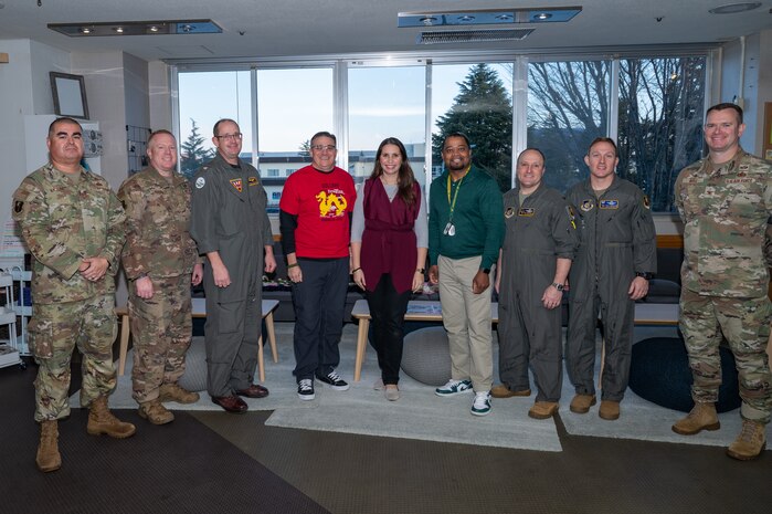 Leadership assigned to the 35th Fighter Wing and Misawa Air Base principals pose for a group photo during a Misawa Principals Breakfast at Misawa AB, Japan, Feb. 7, 2025.