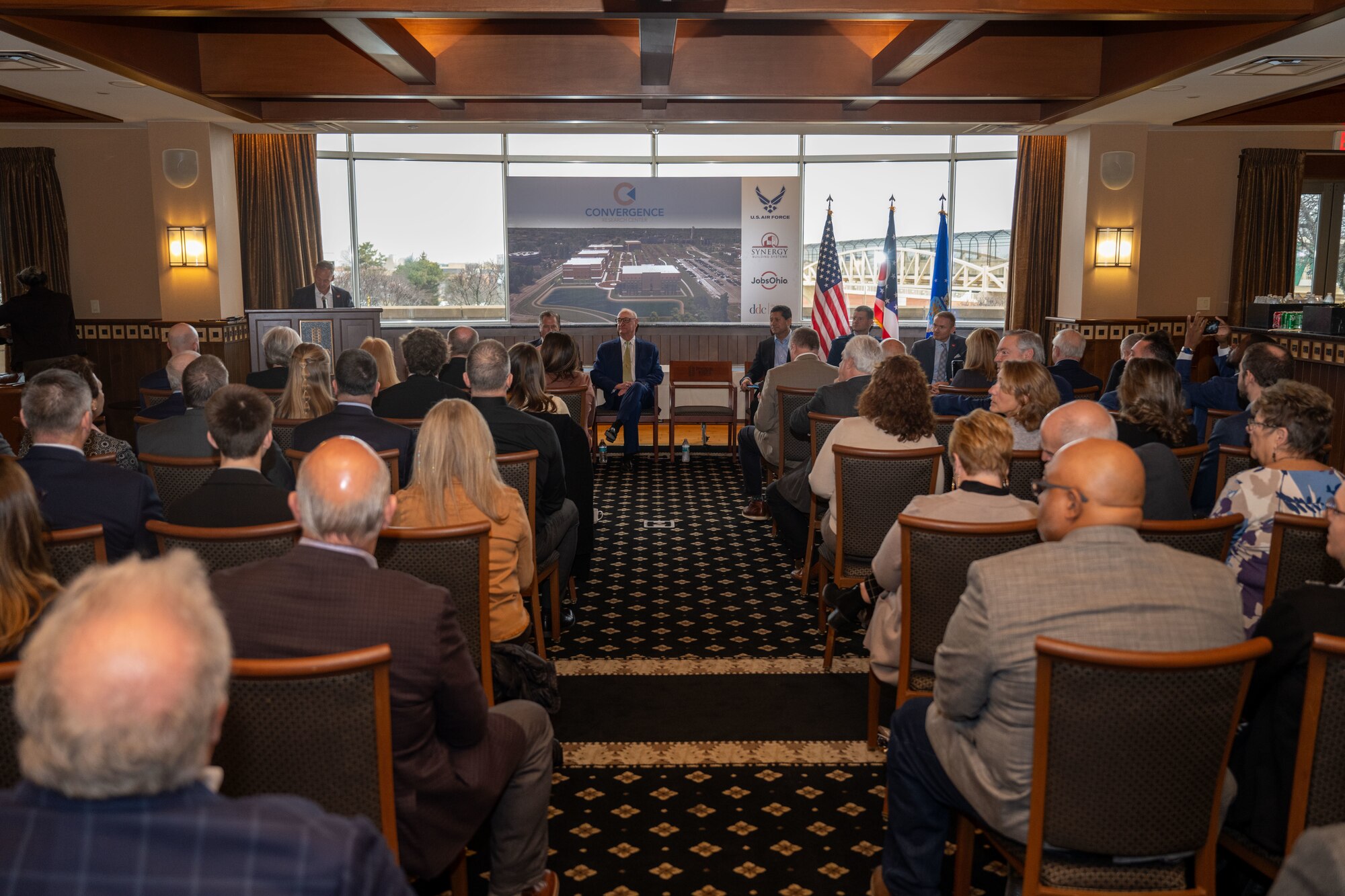 Local and state leaders gather to celebrate the announcement of the Enhanced Use Lease Agreement Feb. 3, 2025, in Beavercreek, Ohio.
