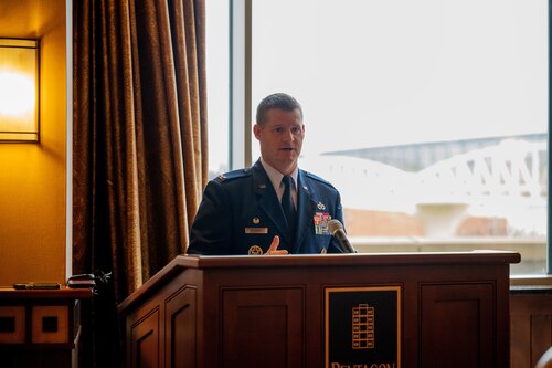 U.S. Air Force Col. Dustin Richards, 88th Air Base Wing and Installation commander, speaks to local government officials on the announcement of the Enhanced Use Lease Agreement Feb. 3, 2025, in Beavercreek, Ohio.