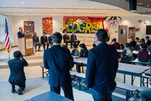 Mr. Kohiyama Yoshinori, Misawa City mayor, talks to participants during a Student Educational Exchange and Dialogue (SEED) project at Misawa Air Base, Japan, Feb. 2, 2025.