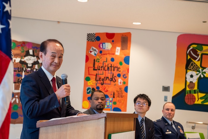 Mr. Kohiyama Yoshinori, Misawa City mayor, gives a speech during a Student Educational Exchange and Dialogue (SEED) project at Misawa Air Base, Japan, Feb. 2, 2025.
