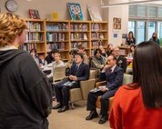 Local leadership listens to a group presentation during a Student Educational Exchange and Dialogue (SEED) project at Misawa Air Base, Japan, Feb. 2, 2025.