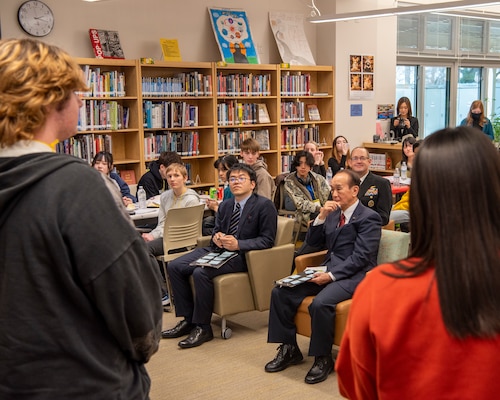 Local leadership listens to a group presentation during a Student Educational Exchange and Dialogue (SEED) project at Misawa Air Base, Japan, Feb. 2, 2025.