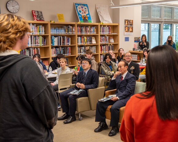 Local leadership listens to a group presentation during a Student Educational Exchange and Dialogue (SEED) project at Misawa Air Base, Japan, Feb. 2, 2025.