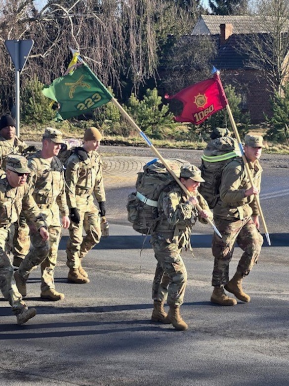 Kentucky Soldiers with the 223rd Military Police Company honored the thousands of troops taken prisoner during World War II by participating in the 80th anniversary Long March through parts of Poland and Germany, Jan. 24-26. Soldiers traveled roughly 55 miles over three days, following the exact route taken by WWII POWs during their evacuation 80 years ago.