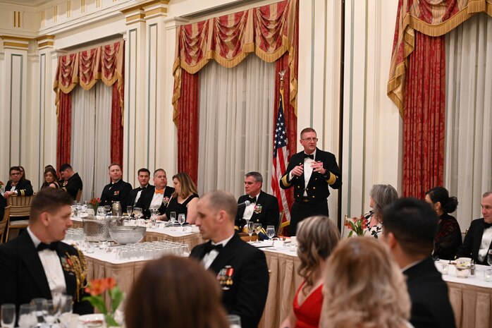 WASHINGTON - - Vice Adm. Johnny R. Wolfe, Jr, director of Strategic Systems Programs (SSP) addresses attendees at SSP’s Dining Out on 1 Feb. “Shenanigans”, such as pranks, songs, and good-natured jokes, camaraderie, and an appreciation for Navy heritage were on full display the event, held at the Army and Navy Club in Washington, D.C. 



2025, marks the Navy’s 250th birthday. For 250 years, the Navy’s sailors and civilians have been the key ingredient to U.S. maritime dominance, providing an unmatched advantage at sea and onshore. Navy traditions such as Dining Outs, are an important part of connecting today’s sailors and civilians with the rich history of generations that served before them and provide an opportunity to pass down that heritage to the younger generations within the ranks. (U.S. Navy photo by Lt. Gustavo Villanueva/Released)