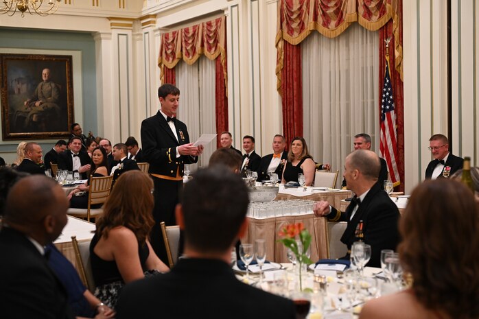 WASHINGTON - Chief Warrant Officer Nicholas Nemeth, deputy branch head for Launcher Branch at Strategic Systems Programs (SSP) , addresses attendees at SSP’s Dining Out 1 Feb.  “Shenanigans”, such as pranks, songs, and good-natured jokes, camaraderie, and an appreciation for Navy heritage were on full display at the event, held at the Army and Navy Club in Washington, D.C.  



2025, marks the Navy’s 250th birthday, marking a quarter-century of warfighting excellence. For 250 years, the Navy’s sailors and civilians have been the key ingredient to U.S. maritime dominance, providing an unmatched advantage at sea and onshore. Navy traditions such as Dining Outs, are an important part of connecting today’s sailors and civilians with the rich history of generations that served before them and provide an opportunity to pass down that heritage to the younger generations within the ranks. (U.S. Navy photo by Lt. Gustavo Villanueva/Released)