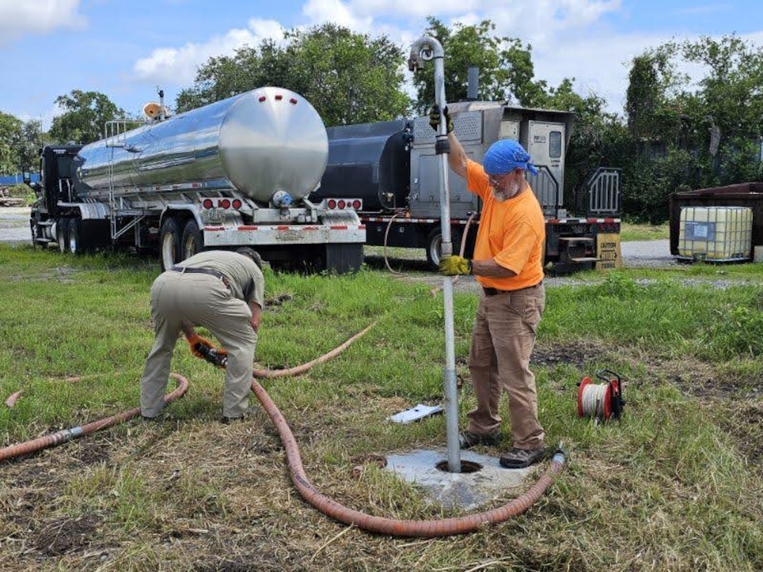 Contractors with the Brunswick East River Mystery Sheen (BERMS) Response conduct high vacuum recovery (HVR) operations in Brunswick, Georgia, August 15, 2024. Recovery operations have included 12 HVR events, during which approximately 38,000 gallons of oil product were collected and removed from the BERMS site. (U.S. Coast Guard photo by Petty Officer 1st Class Michael Saturnino)