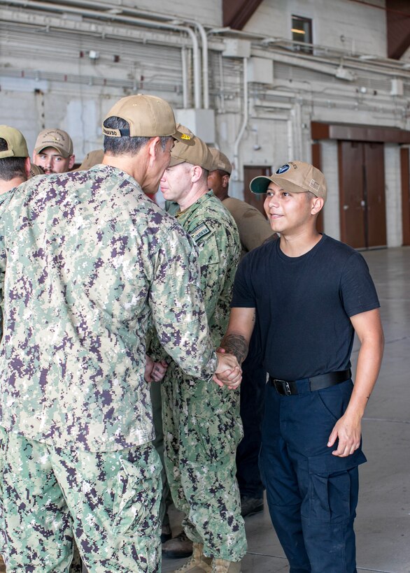 GUANTANAMO BAY, Cuba (February 5, 2025) U.S. Naval Forces Southern Command/U.S. 4th Fleet Commander Rear Adm. Carlos Sardiello meets with Sailors attached to Freedom-variant Littoral Combat Ship USS Saint Louis (LCS 19) aboard the ship during their support of Operation Southern Guard at Naval Station Guantanamo Bay, Cuba, February 5, 2025. At the direction of the President of the United States to the Department of Homeland Security (DHS) and the Department of Defense, U.S. military service members are supporting removal operations led by DHS at Naval Station Guantanamo Bay. (U.S. Navy photo by Naval Station Guantanamo Bay Public Affairs)