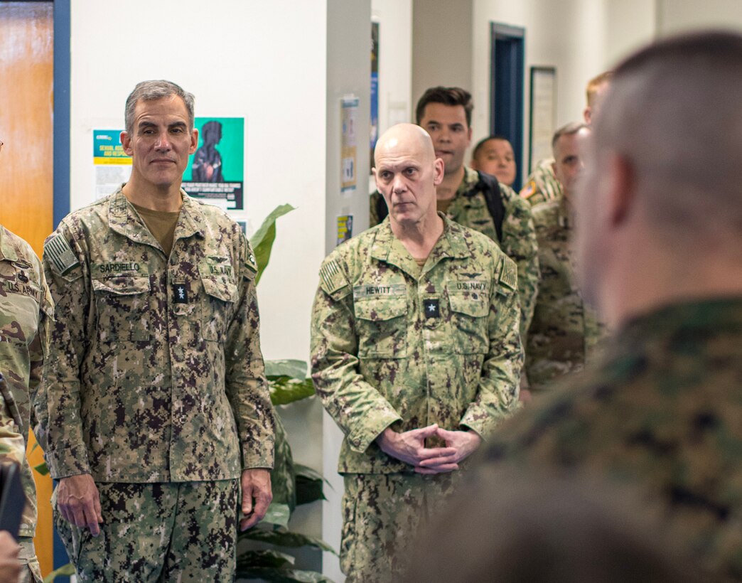 GUANTANAMO BAY, Cuba (February 5, 2025) U.S. Naval Forces Southern Command/U.S. 4th Fleet Commander Rear Adm. Carlos Sardiello, left, and Commander, Navy Region Southeast Rear Adm. John Hewitt tour Naval Station Guantanamo Bay staff facilities February 5, 2025. At the direction of the President of the United States to the Department of Homeland Security (DHS) and the Department of Defense, U.S. military service members are supporting removal operations led by DHS at Naval Station Guantanamo Bay. (U.S. Navy photo by Naval Station Guantanamo Bay Public Affairs)