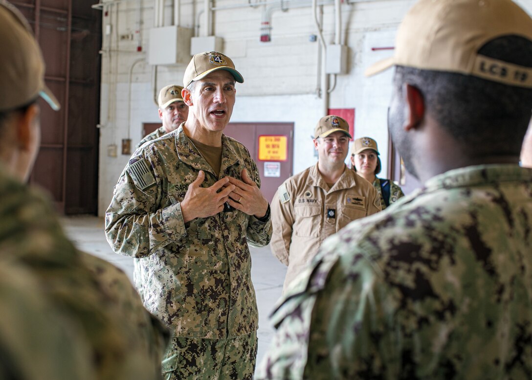 GUANTANAMO BAY, Cuba (February 5, 2025) U.S. Naval Forces Southern Command/U.S. 4th Fleet Commander Rear Adm. Carlos Sardiello meets with Sailors attached to Freedom-variant Littoral Combat Ship USS Saint Louis (LCS 19) aboard the ship during their support of Operation Southern Guard at Naval Station Guantanamo Bay, Cuba, February 5, 2025. At the direction of the President of the United States to the Department of Homeland Security (DHS) and the Department of Defense, U.S. military service members are supporting removal operations led by DHS at Naval Station Guantanamo Bay. (U.S. Navy photo by Naval Station Guantanamo Bay Public Affairs)