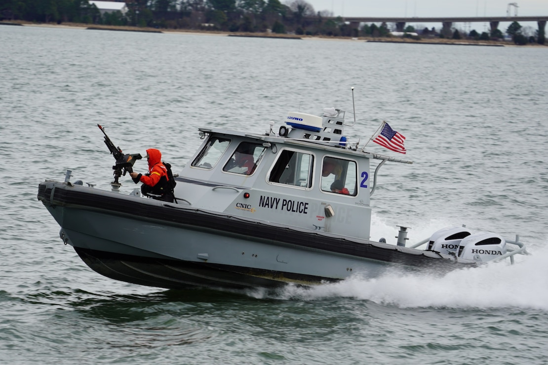 Yorktown, Va. (February 5, 2025) Personnel assigned to the Harbor Patrol Unit of Naval Weapons Station Yorktown’s Security Department conduct security exercises on the York River as part of the annual Exercise Citadel Shield- Solid Curtain 2025. (U.S. Navy Photo by Max Lonzanida/Released).