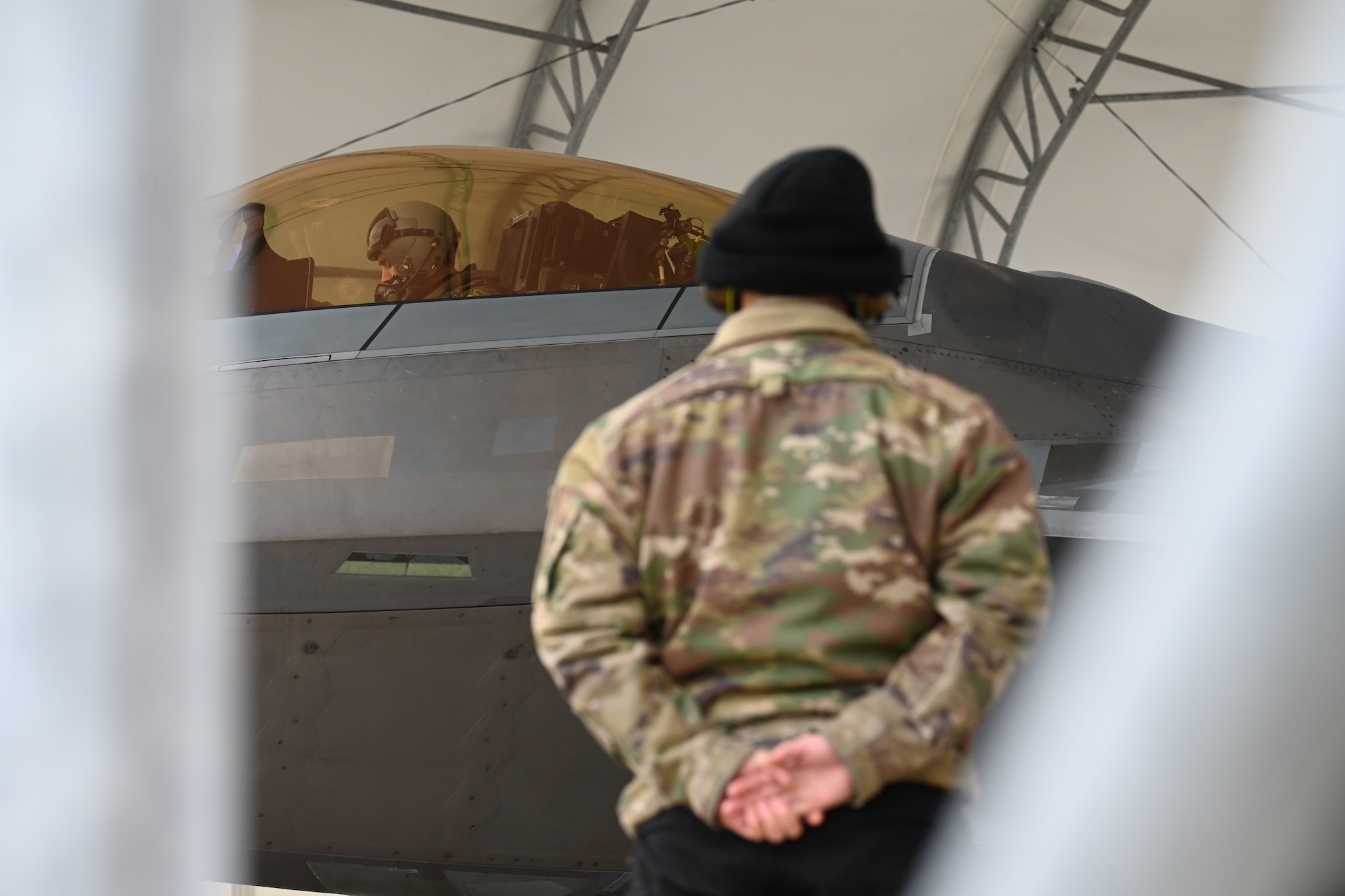 An Airman in a black hat stares at an F-22 Raptor and pilot
