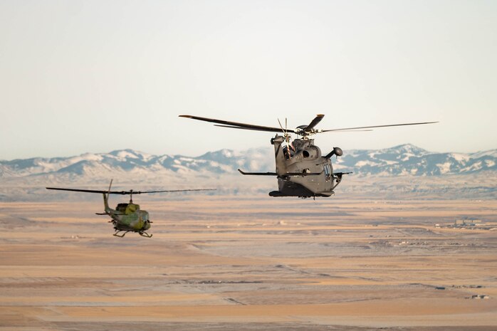 A helicopter flies over Great Falls, MT.