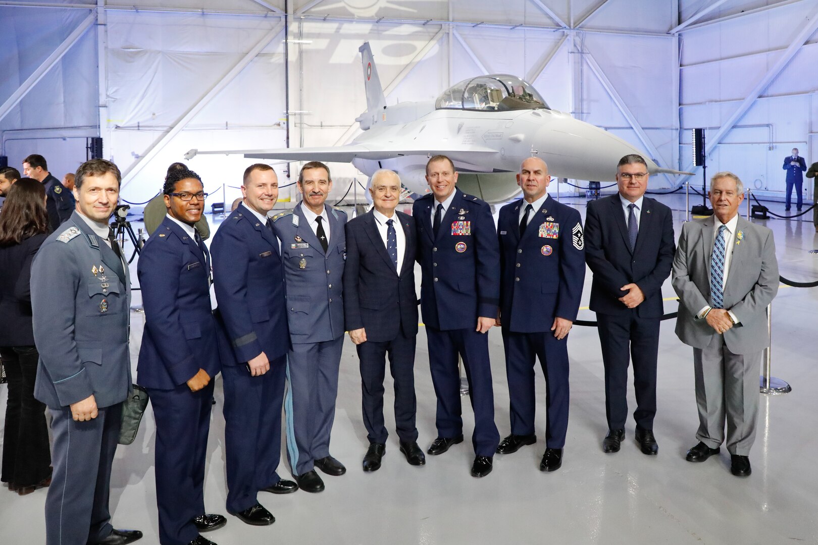 Members of the Bulgarian Defense Ministry and the Tennessee Air National Guard pose for a photo after Bulgaria took delivery of its first batch of F-16 “Fighting Falcon” aircraft at Lockheed Martin’s Greenville, South Carolina, site, Jan. 31, 2025. Tennessee and Bulgaria have been partners in the Department of Defense National Guard Bureau State Partnership Program since 1993.