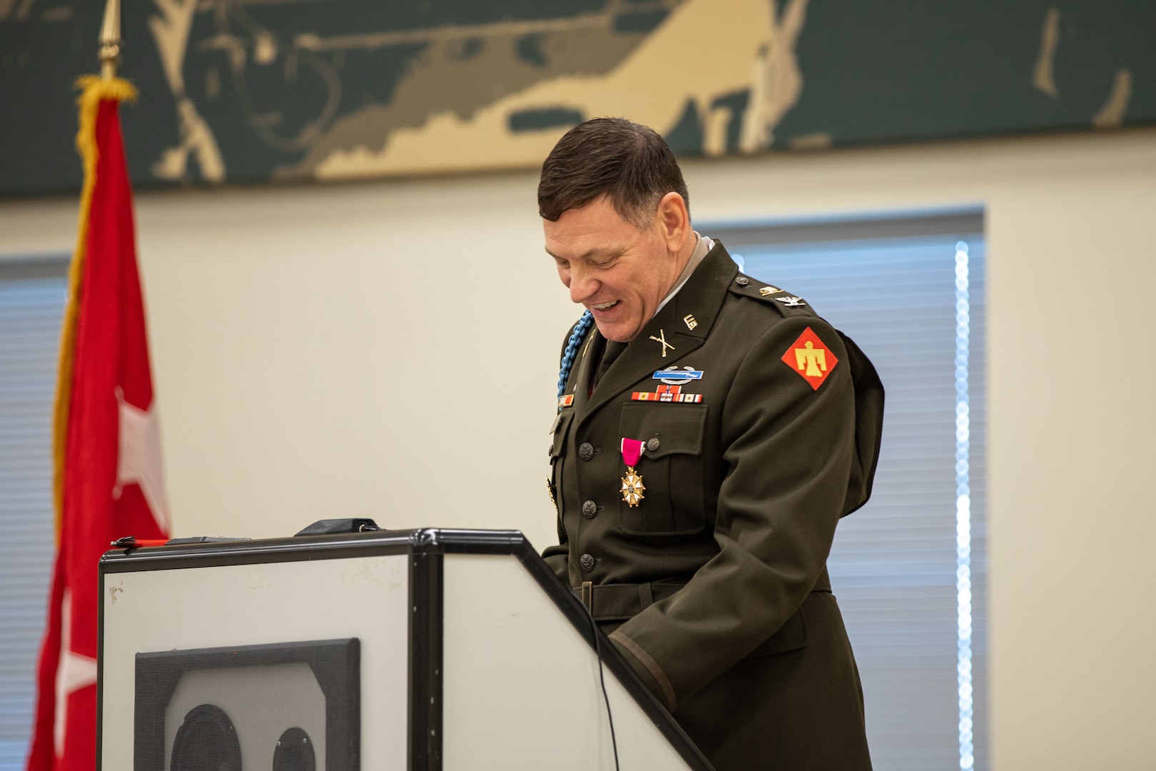 Col. Shane Riley speaks during his retirement ceremony, held at the Norman Armed Forces Reserve Center, in Norman Oklahoma, Feb. 1, 2025. Riley’s last assignment was director of Unmanned Aerial Systems and Launched Effects Program for the Oklahoma Army National Guard, and his career spanned 36 years and included four deployments. (Oklahoma National Guard Photo by Spc. Brooklyn Clark)