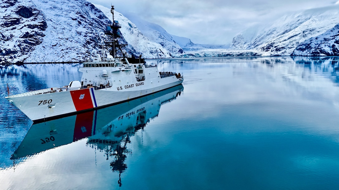 Coast Guard Cutter Bertholf (WMSL 750) transits through Glacier Bay, Alaska, Oct. 24, 2024. During the patrol, Bertholf’s crew operated as far north as the Arctic Circle, patrolling along the maritime boundary line between the United States and Russia and supporting U.S. strategic interests in the North Pacific Ocean. (U.S. Coast Guard photo by Troy Spence.)