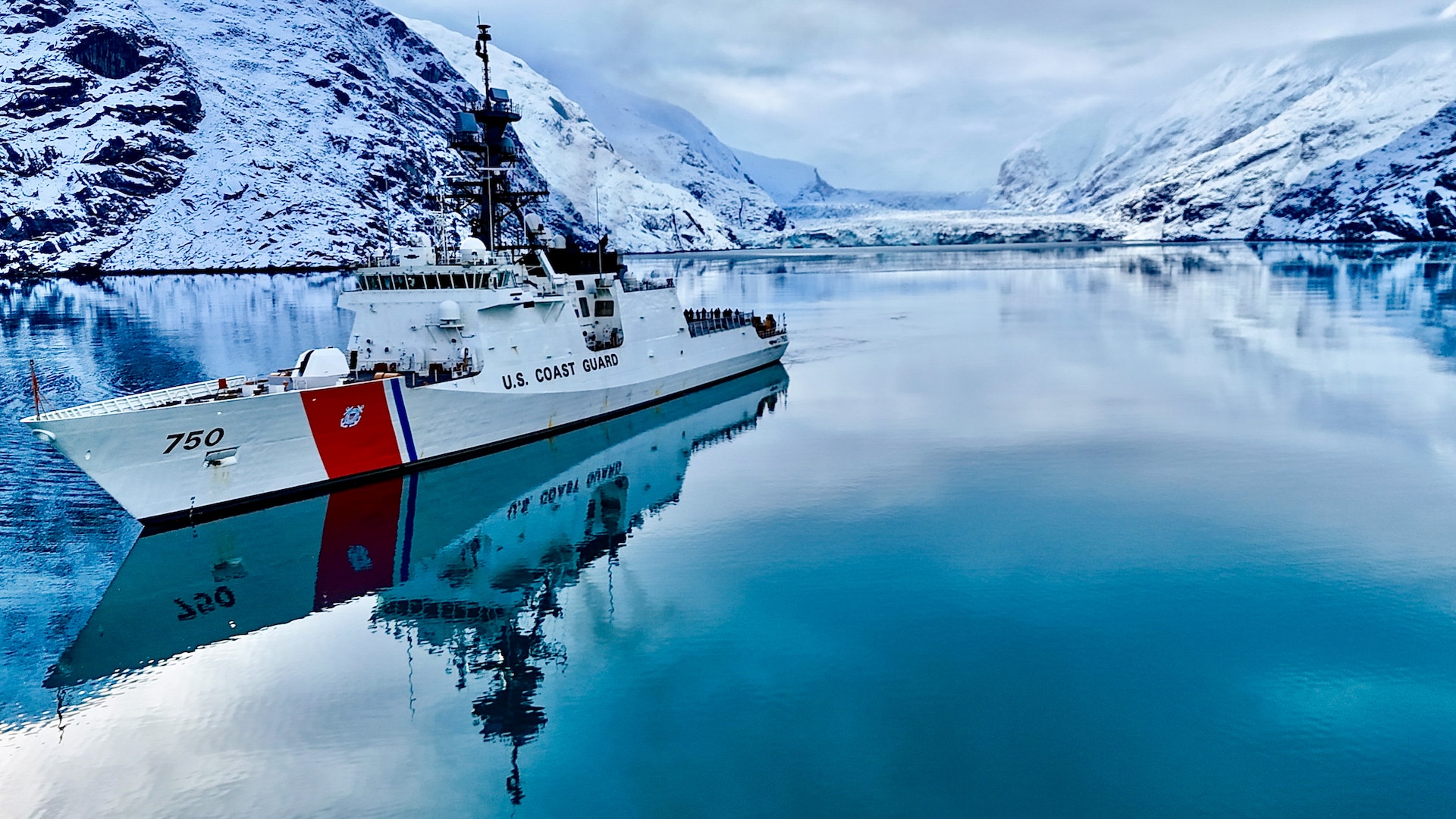 Coast Guard Cutter Bertholf (WMSL 750) transits through Glacier Bay, Alaska, Oct. 24, 2024. During the patrol, Bertholf’s crew operated as far north as the Arctic Circle, patrolling along the maritime boundary line between the United States and Russia and supporting U.S. strategic interests in the North Pacific Ocean. (U.S. Coast Guard photo by Troy Spence.)