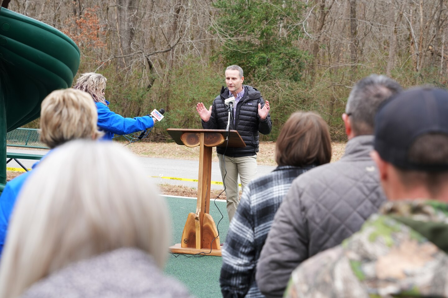 Kayl Kite, Lake Barkley resource manager, delivers remarks at the ribbon-cutting ceremony for the new accessible playground at Cadiz Recreation Area in Cadiz, Kentucky on Feb. 7, 2025. Joined by community members and local leaders, Kite highlighted the collaborative efforts between the U.S. Army Corps of Engineers and its partners to enhance recreational opportunities for all.