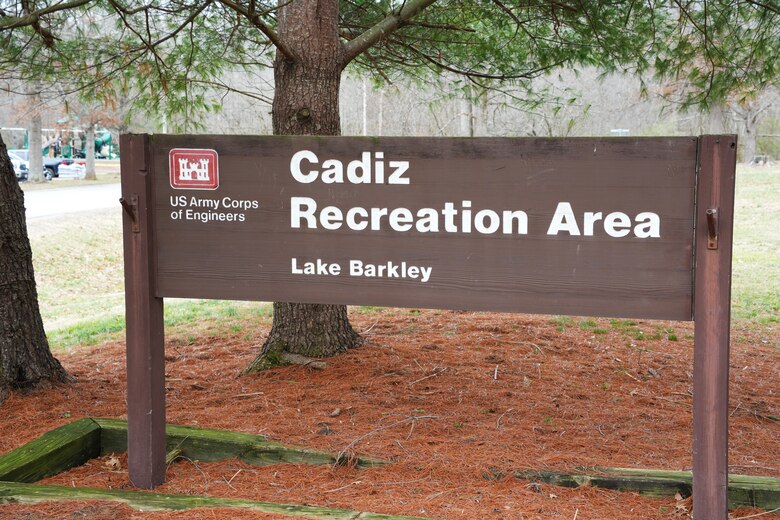 A wood sign welcomes visitors to the Cadiz Recreation Area at Lake Barkley in Cadiz, Kentucky on Feb. 7, 2025. The Cadiz Recreation Area received a new accessible playground thanks to a partnership between the U.S. Army Corps of Engineers and several other local organizations.
