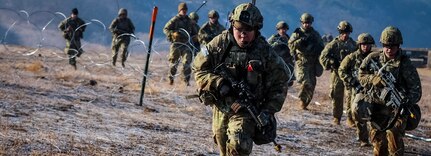 U.S. Army Soldiers assigned to the 2nd Battalion, 3rd Infantry Regiment, Korean Rotational Force, 2nd Infantry Division/Republic of Korea-United States Combined Division (2nd Inf. Div./ROK-U.S.), along with ROK Army Soldiers, move towards their next objective during a live-fire exercise (LFX) at the Rodriguez Live Fire Complex in Pocheon, Republic of Korea, on Jan. 23, 2025.