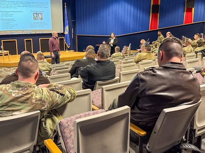 Evelyn Ryberg, the Air Force Life Cycle Management Center C-5 product support manager, answers questions from C-5 community stakeholders as part of a “Drive to 55” campaign event at Joint Base San Antonio-Lackland, Texas on Jan. 14, 2025.