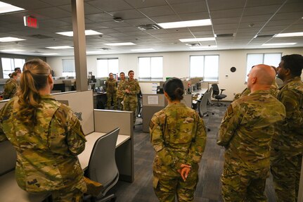 Brig. Gen. Kristin A. Hillery, Mobilization Assistant to the Commander, Air Force Medical Command, addresses Alamo Wing Reserve Citizen Airmen during her visit to the 433rd Medical Group at Joint Base San Antonio-Lackland, Texas on Jan. 11, 2025.