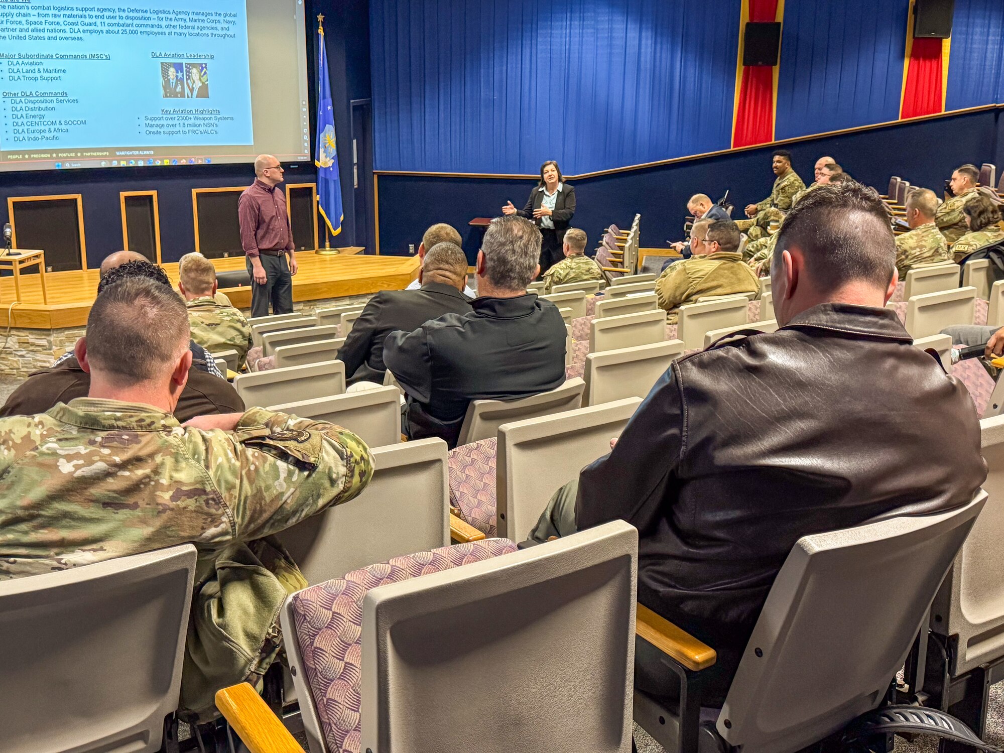 Evelyn Ryberg, the Air Force Life Cycle Management Center C-5 product support manager, answers questions from C-5 community stakeholders as part of a “Drive to 55” campaign event at Joint Base San Antonio-Lackland, Texas on Jan. 14, 2025.