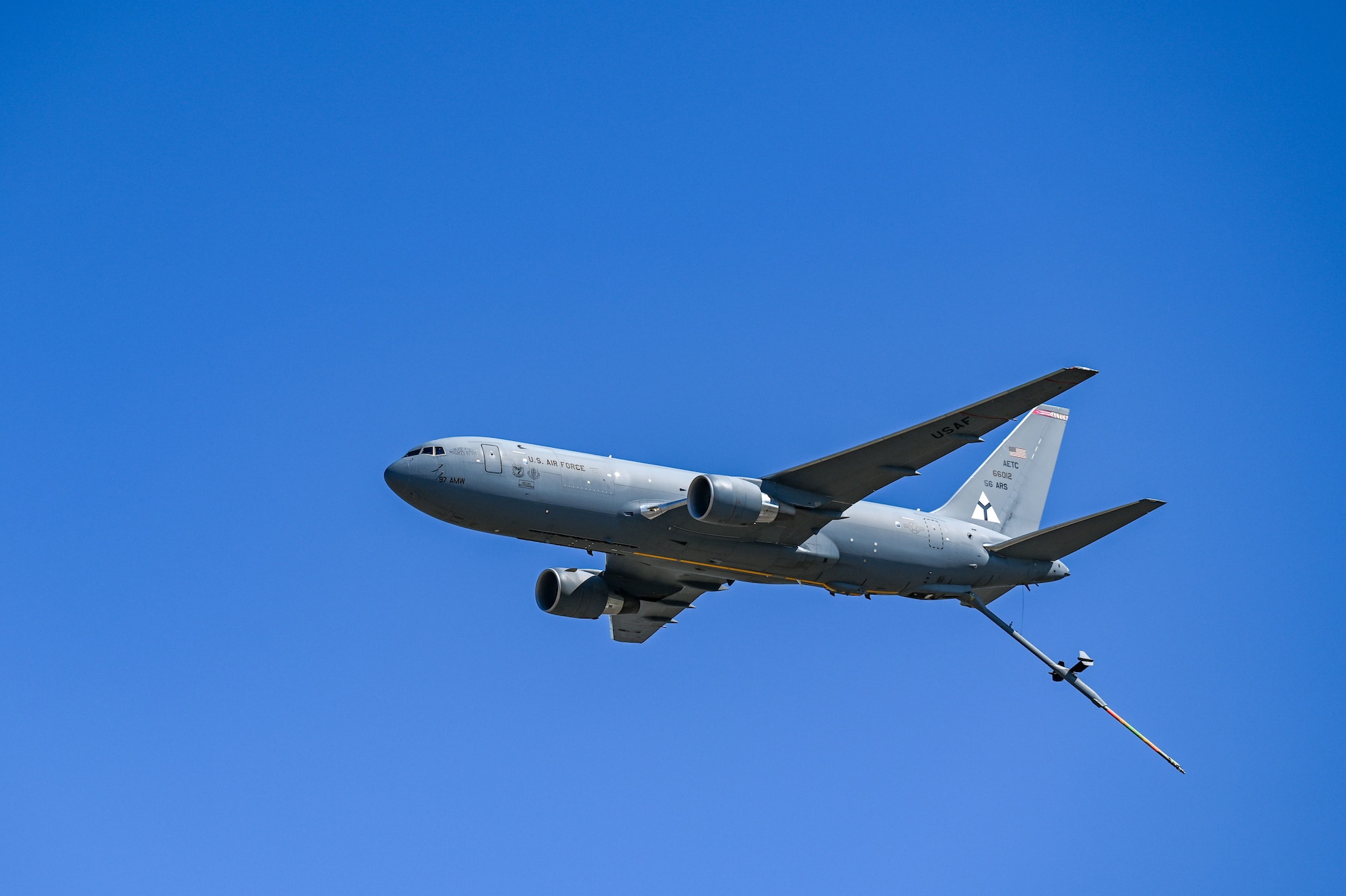 A KC-46 Pegasus aircraft flies over Altus Air Force Base (AFB), Oklahoma, Nov. 9, 2024. The first KC-46 arrived at Altus AFB in February 2019. (U.S. Air Force photo by Airman 1st Class Jonah Bliss)