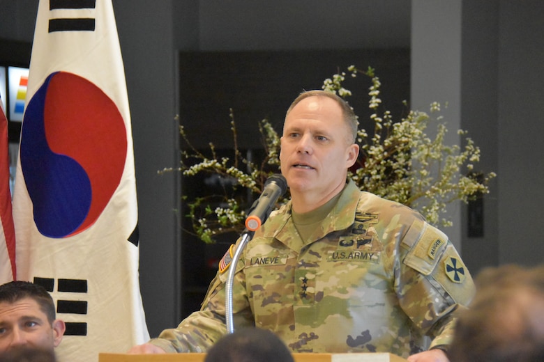 Lt. Gen. Christopher C. LaNeve, Eighth Army commanding general, opens the ribbon cutting ceremony for a new lodge on Camp Walker, South Korea, by speaking about the importance it will play in families lives as they transition to and from the duty station on Feb. 3, 2025.