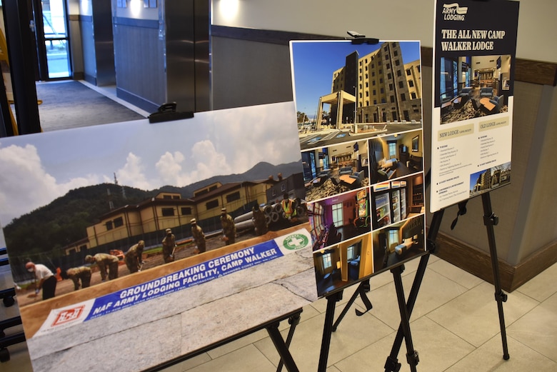 Display photos of the groundbreaking ceremony and new amenities for the lodge on Camp Walker, South Korea, ahead of the ribbon cutting on Feb. 3, 2025.