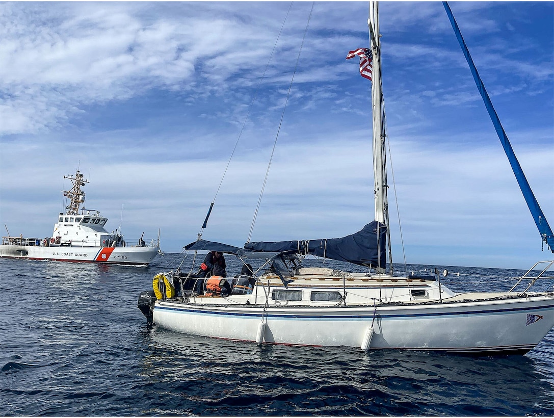 U.S. Coast Guard Cutter Petrel (WPB-87350) interdicts a 25-foot sailboat with aliens off the coast of San Diego, near Point Loma, Calif., Feb. 9, 2025.  The 12 aliens were detained by the small boat boarding team to be transferred to Imperial Beach Border Patrol. (U.S. Coast Guard photo taken courtesy by USCGC Petrel/released).