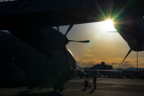 A C-130J Super Hercules receives a pre-flight inspection.