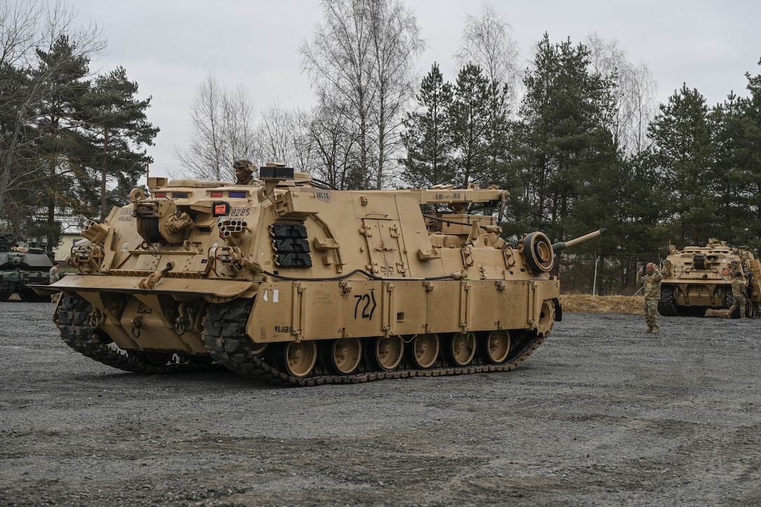 U.S. Soldiers park a U.S. Army M88 Recovery Vehicle
