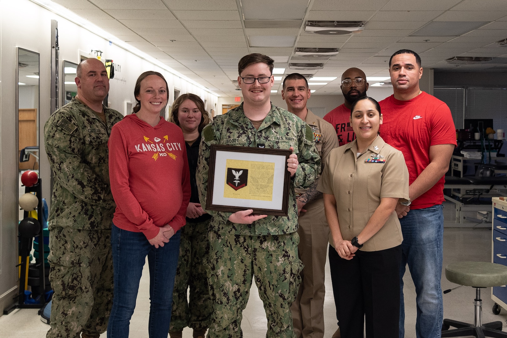 Staff serving aboard Naval Health Clinic Cherry Point celebrated the promotion of Hospital Corpsman Third Class Jacob Scott with a “Tacking of the Crow” ceremony on Friday, February 7.  Scott serves aboard the facility in the Physical Therapy Department.