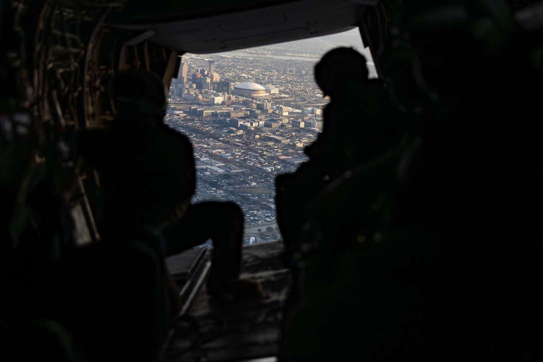 U.S. Marine Corps MV-22B Ospreys, tiltrotor aircraft, with Marine Medium Tiltrotor Squadron (VMM) 774 and VMM-764 perform a formation flight over New Orleans, Feb. 7, 2025. The Marine Corps is the lead service for Super Bowl LIX flyover, participating in multiple events throughout the week exhibiting pride leading up to the U.S. Marine Corps 250th birthday. (U.S. Marine Corps photo by Sgt. Scott Jenkins)