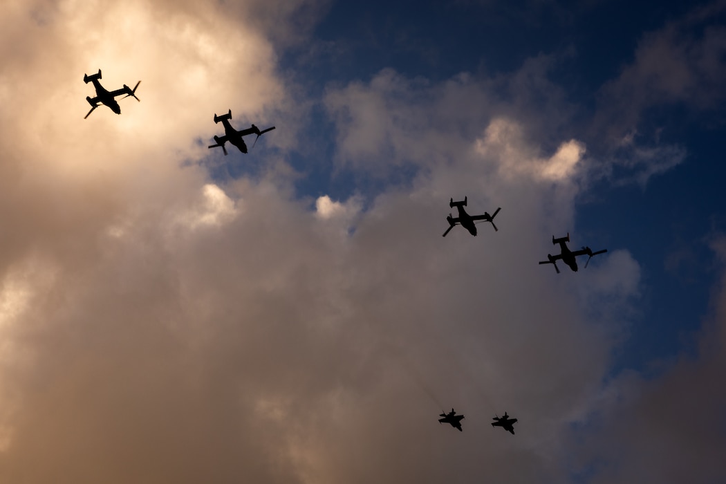 U.S. Marine Corps F-35B Lightning II aircraft with Marine Fighter Attack Squadron (VMFA) 542 and MV-22B Ospreys, tiltrotor aircraft, with Marine Medium Tiltrotor Squadron (VMM) 774 and VMM-764 perform a formation flight over New Orleans, Feb. 7, 2025. The Marine Corps is the lead service for Super Bowl LIX flyover, participating in multiple events throughout the week exhibiting pride leading up to the U.S. Marine Corps 250th birthday. (U.S. Marine Corps photo by Lance Cpl. Van Hoang)