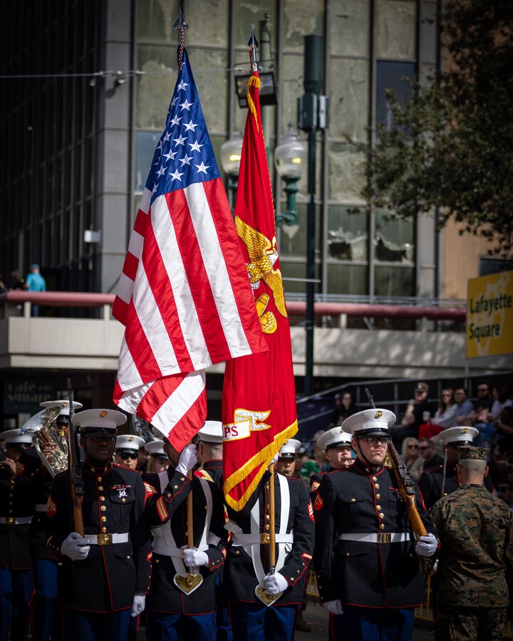 The Marine Forces Reserve Band and Marine Forces South color guard leads the Super Bowl LIX parade, New Orleans, Feb. 8, 2025. The Marine Corps is the lead service for Super Bowl LIX, participating in multiple events throughout the week exhibiting pride leading up to the U.S. Marine Corps’ 250th birthday. (U.S. Marine Corps photo by Lance Cpl. Juan Diaz)