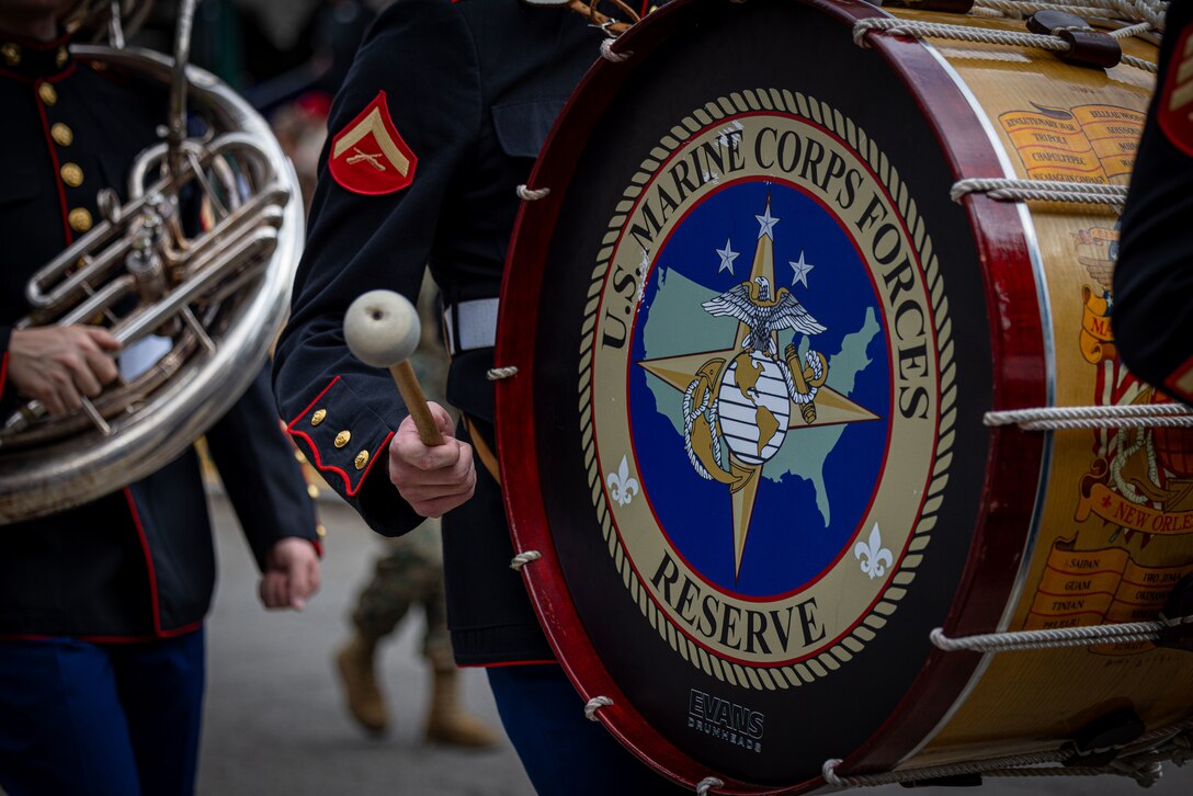 The Marine Forces Reserve Band and Marine Forces South color guard lead the Super Bowl LIX parade, New Orleans, Feb. 8, 2025. The Marine Corps is the lead service for Super Bowl LIX, participating in multiple events throughout the week exhibiting pride leading up to the U.S. Marine Corps’ 250th birthday. (U.S. Marine Corps photo by Lance Cpl. Juan Diaz)