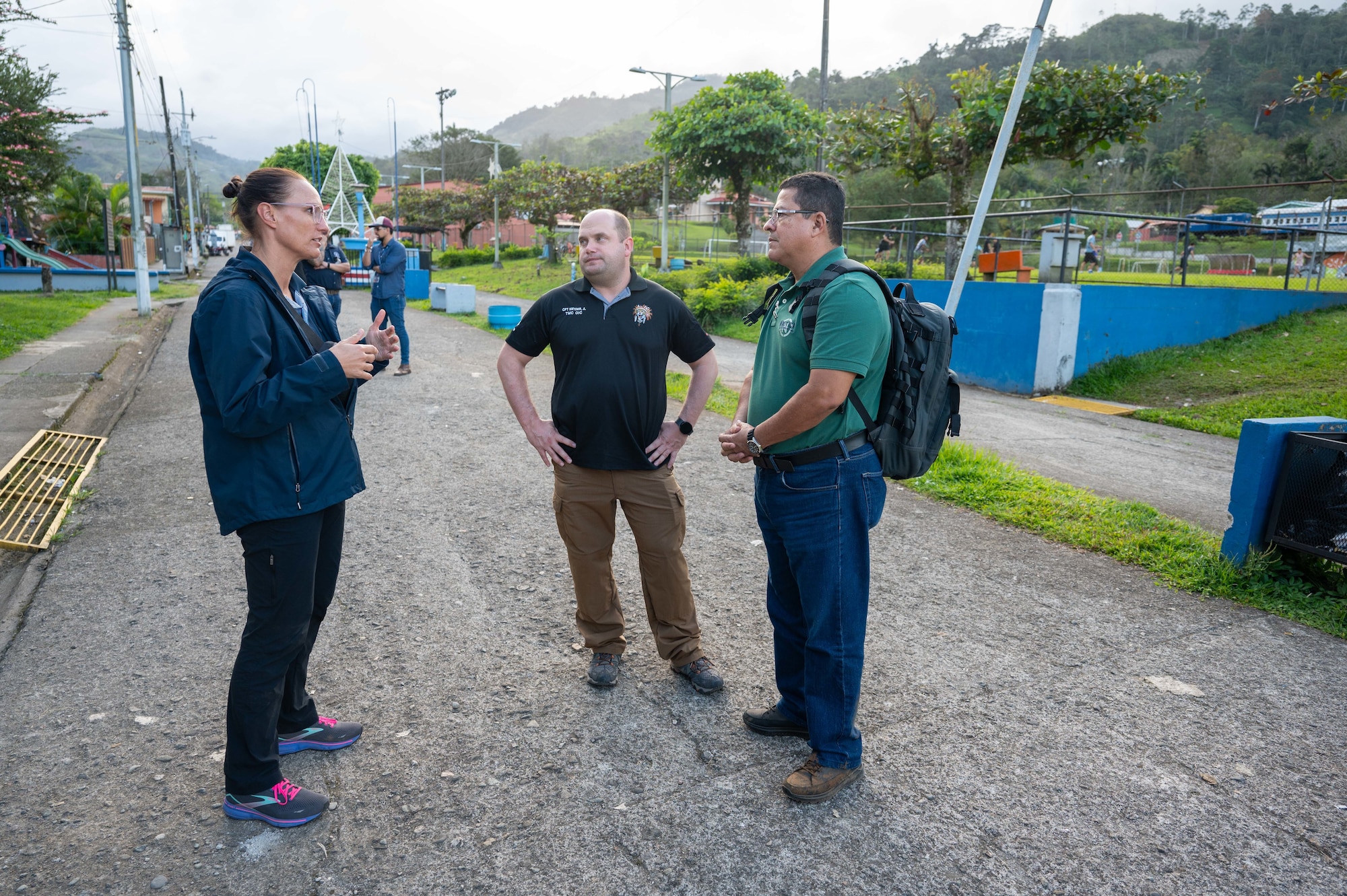 U.S. Army Maj. Heather Martin, JTF-Bravo command surgeon, discusses future plans for a medical readiness training exercise with Capt. Andrew Snyder, officer in charge of the Soto Cano medical detachment, and Dr. Wilmer Amador, JTF-Bravo medical liaison officer, on Jan. 22, 2025. For decades, medical readiness training exercises, or MEDRETEs, have been a hallmark of JTF-Bravo's enduring presence in the region and a catalyst for increased stability. (U.S. Air Force photo)